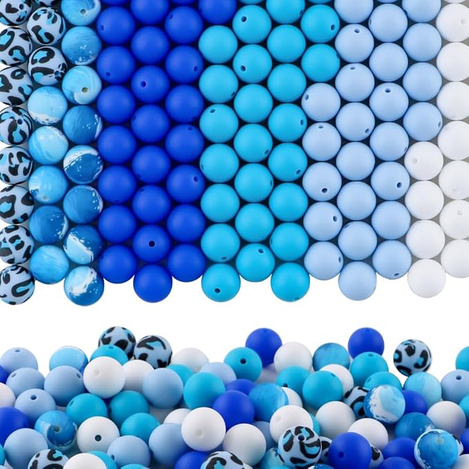 150Pcs Mixed Color 15mm Silicone Beads for Keychain Making, White Blue Leopard Print Silicone Beads for Pens and Bracelet Jewelry Making