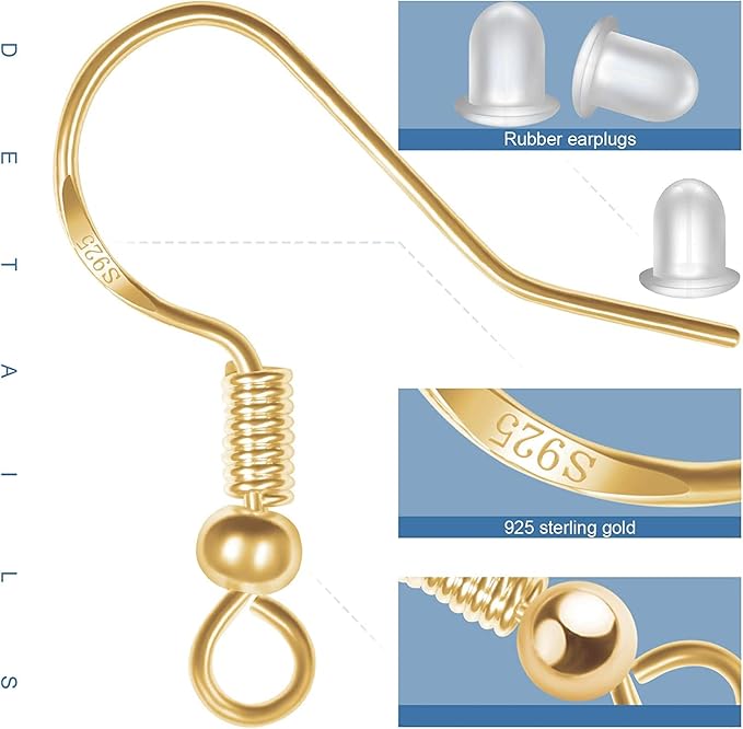925 sterling gold earring hooks 120 pcs/60 pairs, ear wires fish hooks, hypo-allergenic jewelry findings parts with 120 pcs clear silicone earring backs stoppers