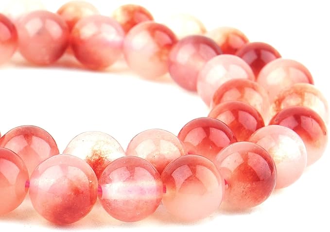 Jade Stone Beads for Jewelry Making - 10mm Gemstone Round Beads for Bracelets(35-37pcs, Red Cloudy Jade)
