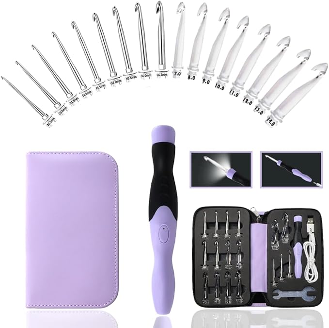lewhoo 17 sizes lighted crochet hooks set 2.5mm~14.0mm, metal crochet hook with interchangeable crochet head