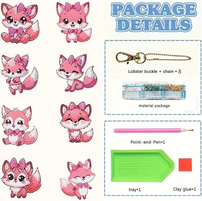 Masendp 8 Piece 5D DIY Animal Diamond Painting Keychain Set, Pink Fox Diamond Pendant Hanging Animal Art Decoration for Adult Beginner Pack Birthday Family Party Decoration