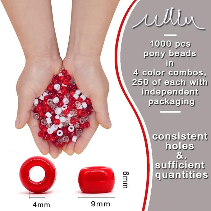 MIIIM 1000PCS 6x9mm Pony Beads Bulk, 4 Styles Red Kandi Beads for Bracelets Making Kit, Hair Braids Crafts for Jewelry Making (Red)