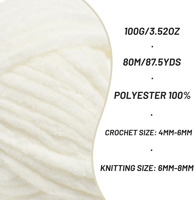Fluffy Chenille Yarn for Crocheting, Chunky Velvet Yarns for Crochet Amigurumi, Baby Yarn for Crocheting Soft Blanket, 87.4yds /3.5 oz Bulky Yarns for Crafts/Hats/Shoes/Socks (White)