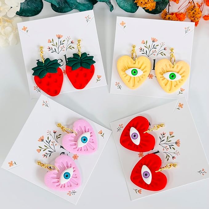 Xaekicr 4PCS Polymer Clay Cutters Set - Eye, Strawberry, Clover Heart Shape Clay Earring Cutters for DIY Jewelry Making, Clay Tools and Polymer Clay Molds