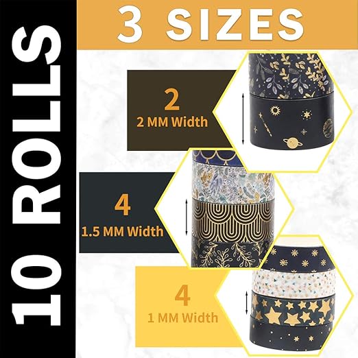 CCINEE Black Gold Foil Washi Tape,Floral Decorative Masking Tapes for Bullet Journal Scrapbook Planner Art Craft,10 Rolls
