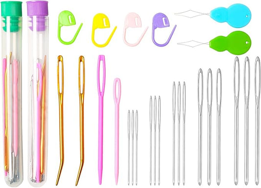 Hekisn 45Pcs Large Eye Blunt Yarn Needles kit, Assorted Sizes Bent Tapestry Darning Needle, Sewing Needles with Needle Threaders & Stitch Markers for Knitting Crochet (Purple&Green)