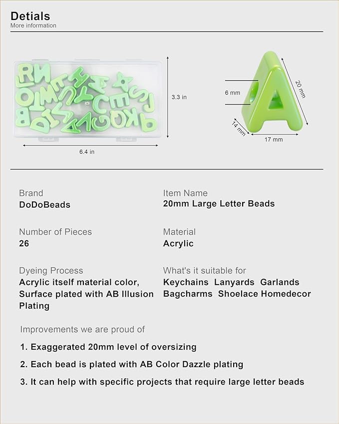 26 Pcs Cute Large Green Letter Beads, 20mm Jumbo Square Acrylic Letter Beads, Big Letter Beads for Bracelets, Necklaces, Bagcharms, Shoelaces, Keychains, Lanyards, Letter Charms for Craft