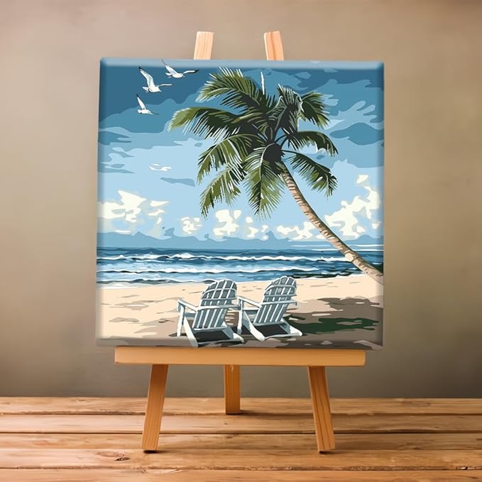 Natuyalo Framed Paint by Numbers for Adults Beginner, Beach Chair Acrylic Easy Paint by Numbers Kits with Frame Seascape Art Craft Kits for Adults Suitable for Wall Decoration 12x12 Inch