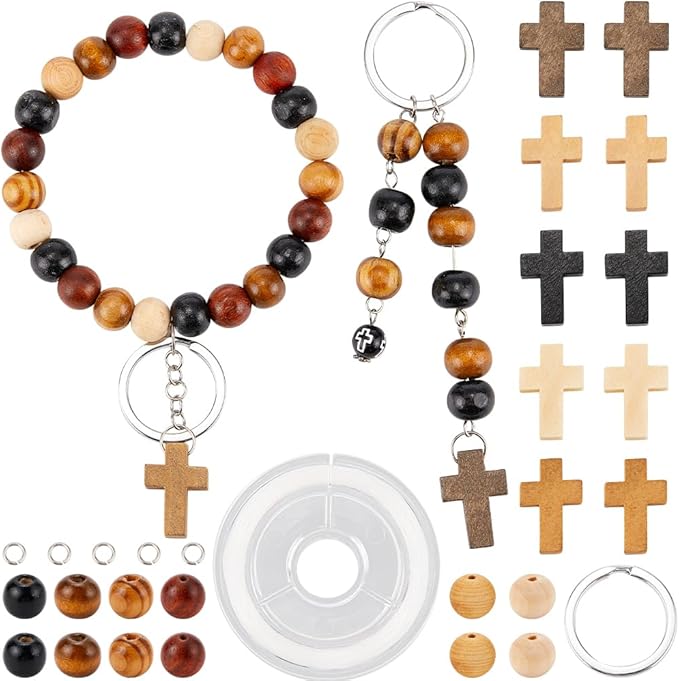 SUNNYCLUE 280Pcs Keychain Making Kit Wood Crucifix Charms Easter Wooden Cross Charms Mini Cross Charm Bulk Wood Cross Round Beads Split Key Rings for Keychains Holiday Beading Craft DIY Supplies