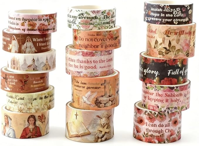 Christian Washi Tape, 16 Rolls Aesthetic Colored Decorative Cute Scrapbook Tape for Scrapbooking Supplies Journaling Craft Junk Journal