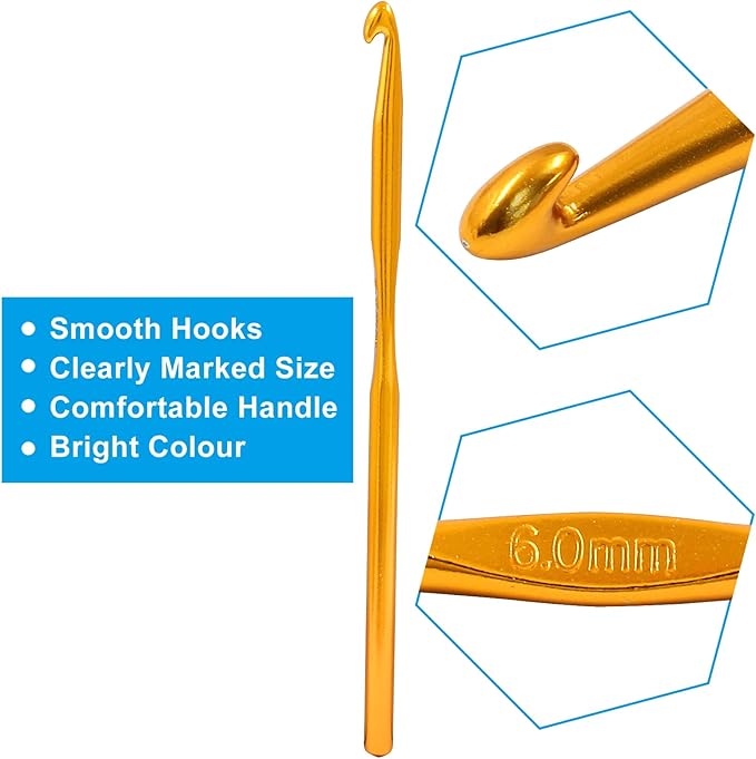 Auvotuis 6Pcs 6mm US Size J (Size 10) Aluminum Crochet Hook Knitting Needles for DIY Craft Yarn, Gold Tone