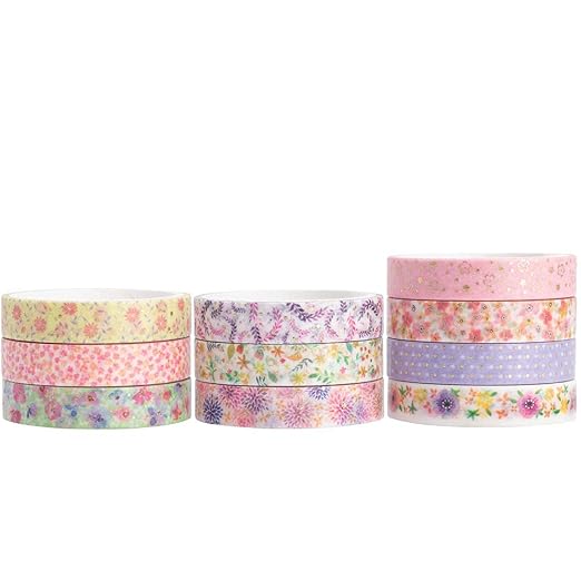 YUBBAEX 10 Rolls Sparkling Washi Tape Set 8mm Skinny Gold Foil Decorative Masking Washi Tapes for Journal,Scrapbook, Planner, DIY Crafts (Beautiful Flowers)
