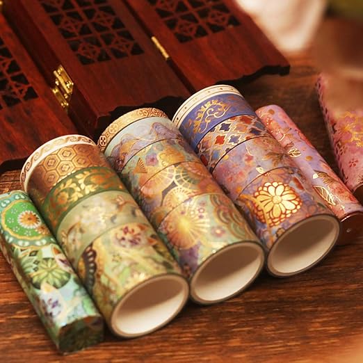 YUBBAEX Splendid Gold Washi Tape Set Embroidery Pattern Foil Decorative Tapes for Arts, DIY Crafts, Journal Supplies, Planners, Scrapbook, Card/Gift Wrapping -15 Rolls- (Splendid Embroidery)