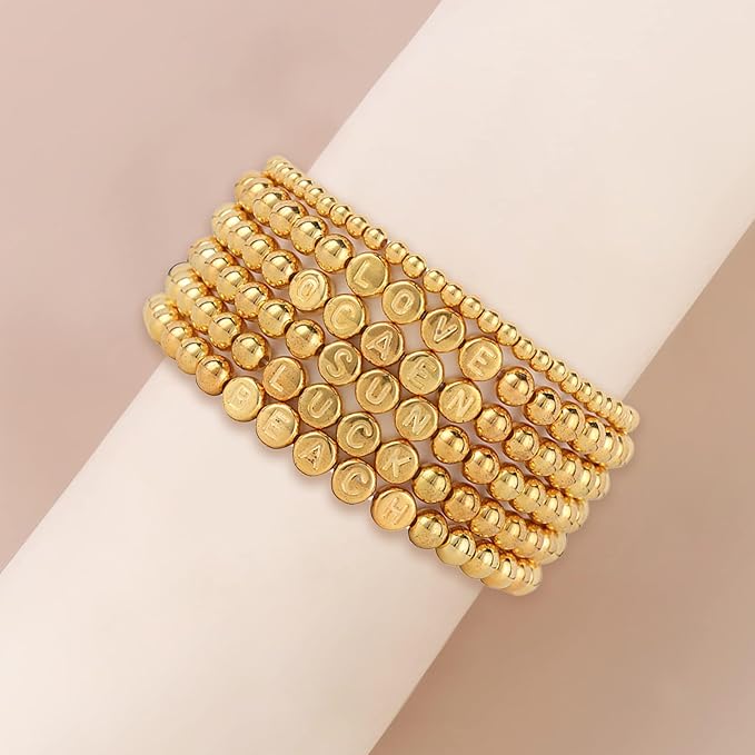 Hpebl 2240PCS Smooth Round Gold Beads for Bracelet Making Kits 4MM/6MM Jewelry Making Supplies Gold Letter Beads for Jewelry Making Kit with 2PCS Crystal String 1PCS Scissors