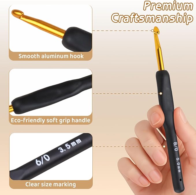 Black Gold Ergonomic Crochet Hook Set (2.0–6.0mm) – Soft Grip Aluminum Knitting Hooks for Arthritic Hands & Yarn Craft