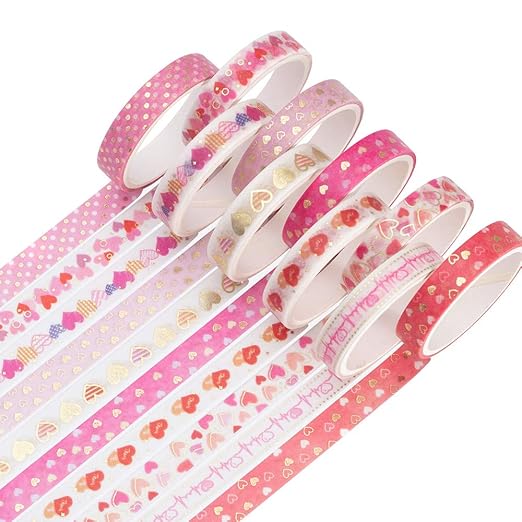 YUBBAEX 10 Rolls Sparkling Washi Tape Set 8mm Skinny Gold Foil Decorative Masking Washi Tapes for Journal,Scrapbook, Planner, DIY Crafts (Sweety Hearts)