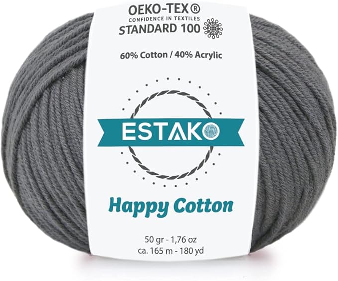 Estako Happy Cotton, 60% Cotton 40% Acrylic Yarn, Soft, Fine/Sport (2) for Crochet and Knitting 1.76 Oz (50g) / 180 Yrds (165m) (4140 - Dark Grey)