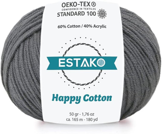 Estako Happy Cotton, 60% Cotton 40% Acrylic Yarn, Soft, Fine/Sport (2) for Crochet and Knitting 1.76 Oz (50g) / 180 Yrds (165m) (4140 - Dark Grey)
