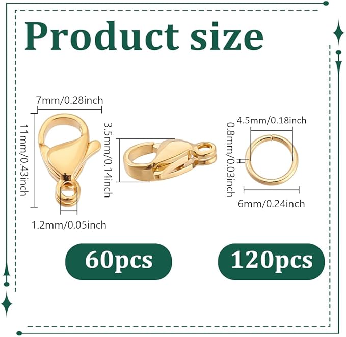 PH PandaHall 60pcs Lobster Claw Clasps with 120 pcs 6mm 20 Gauge 304 Stainless Steel Jump Rings for Earring Bracelet Necklace Pendants Jewelry DIY Craft Making, Golden