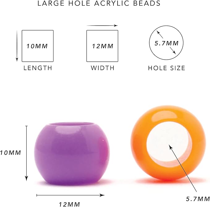 300 acrylic large hole beads for crafts and for hair 10mm x 12mm acrylic barrel beads with 5.7mm large hole, bright assortment