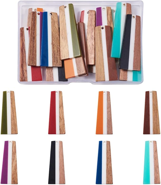 Beadthoven 16pcs/8 Pairs Natural Wood Resin Charms Colorful Striped Trapezoid DIY Earrings Pendants Mixed Vintage Wooden Pieces Tag Pendants for Statement Jewelry Making Bohemian Earrings Findings