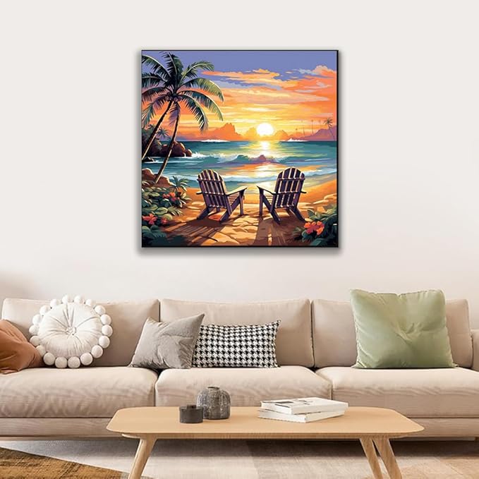 JUJUHOOD Sunset Beach Scene Framed Paint by Numbers Kit for Adults Beginner & Kids Ages 8-12, Seaside Paint by Number Without Easel, Simple Paint by Numbers for Gift Home Wall Decor (10x10Inch)
