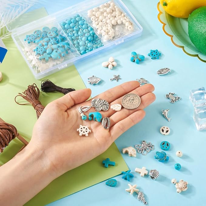 FASHEWELRY 315pcs Turquoise Bead Bracelet Making Kit 4mm/6mm/8mm Round Turquoise Gemstone Beads Ocean Theme for Necklace Earrig DIY Jewelry Making