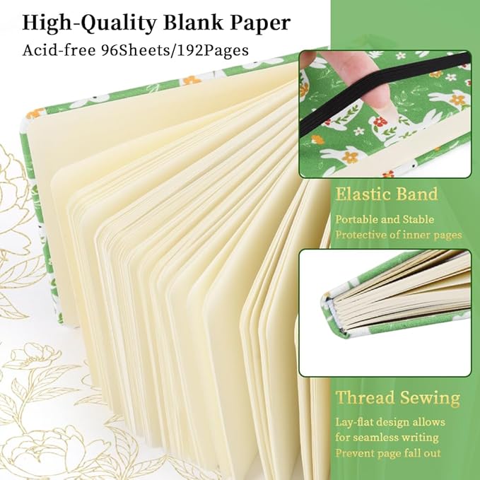 Square 4.8x4.8 inches 80gsm 96sheets/192 Pages Notebooks Blank Sketchbooks Travel Journal Pocket Hardcover Paint Writing Diary Memo Planner Cloth Cover. Green Rabbit