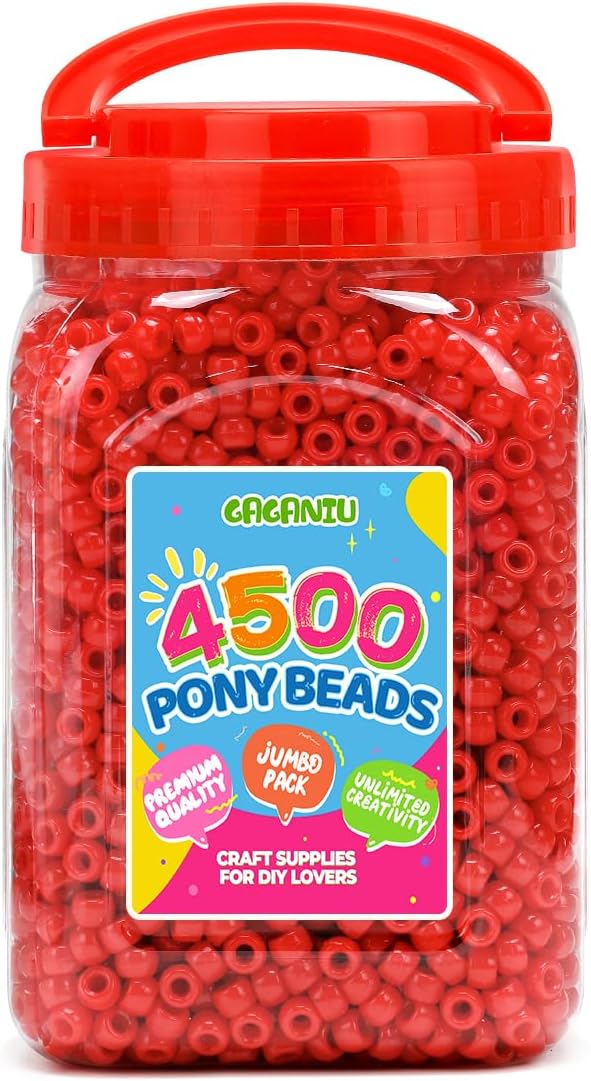 pony beads 2.5 lb – 4500+ red 6x9mm plastic kandi beads in handle bucket for craft supplies, jewelry making, bracelets, hair braiding & diy projects