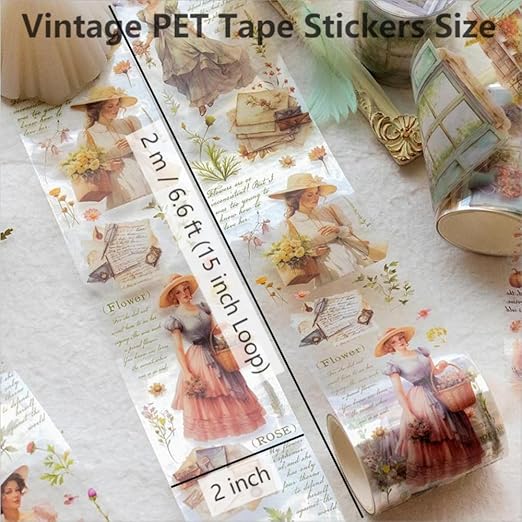 Vintage PET Tape Stickers, Flower Women Caffeine Canvas Cafe Window 6 Rolls Assorted Decorative Tape for Crafts, Journaling, Scrapbooking, Bujo DIY Supplies