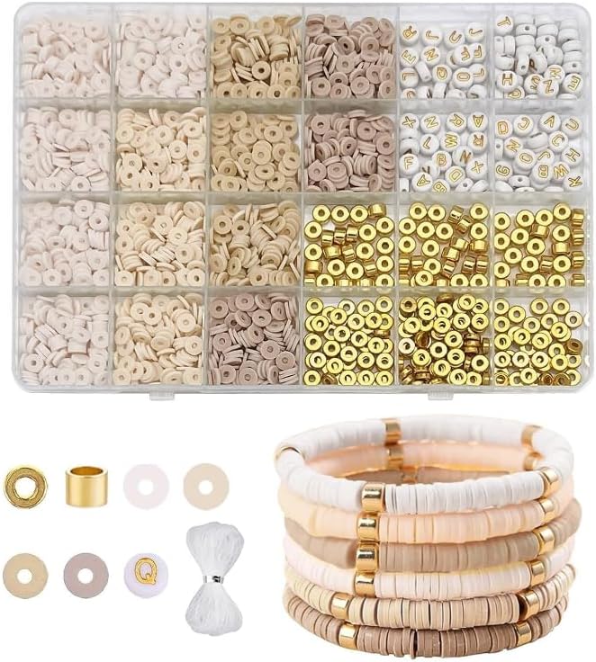 Believo 24-Grid DIY Clay Beads Bracelet Kit - 4 Soft Beige Colors Polymer Clay Beads + Golden Spacer Beads & Alphabet Beads + 5m Elastic Cord for Jewelry Making, Friendship Bracelets & Gift Crafts