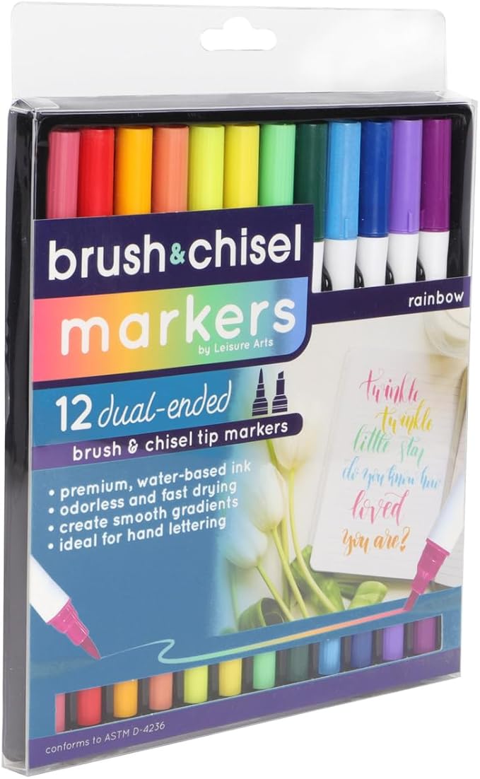 LEISURE ARTS Dual Tip Marker Brush/Chisel, Rainbow, 12Pc, Coloring Markers, Coloring Markers For Adults, Art Markers, Marker Set, Adult Book Markers