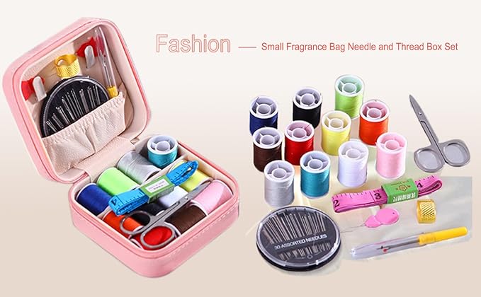Mini Sewing Kit in Stylish Leather Case – Complete Set with Scissors, Needles, Thread, Needle Threader, Thimble & More – Perfect for Beginners & Travel (Pink)
