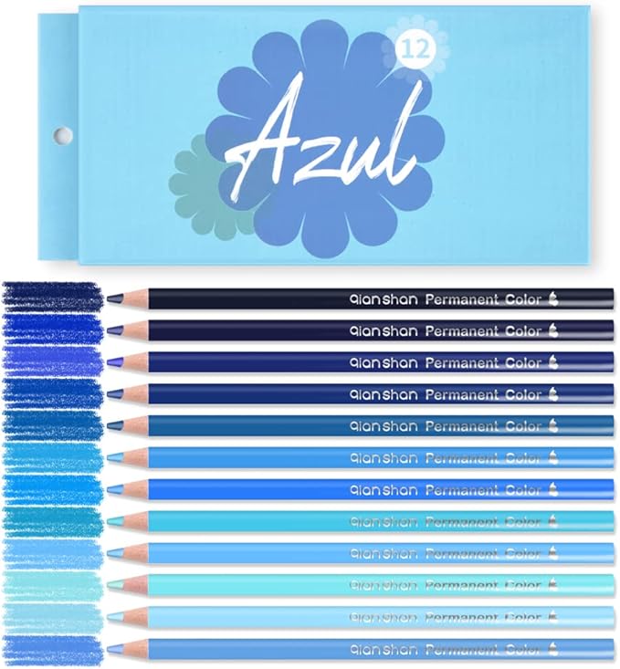 qianshan 12 Blue Colored Pencils Oil Based Pre-sharpened Wooden Colored Pencil Set for Adults Coloring Books Drawing Sketching Art Supplies, No Duplicates