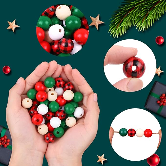 YUJUN GRACCEE 200pcs Christmas Wooden Beads Xmas Red Buffalo Plaid Polished Craft Natural Round Wood Beads for Christmas Party DIY Indoor Decoration.