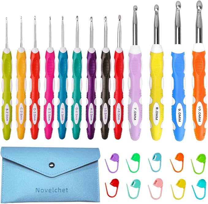 Novelchet 13Pcs Ergonomic Crochet Hook Set with Case, Crochet Hooks for Arthritic Hands,Crochet Hook Size 2mm-10mm (B-N)