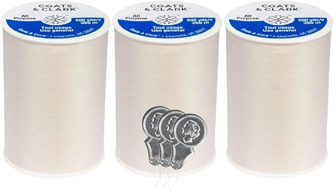 Coats & Clark Dual Duty All Purpose Sewing Thread 230A 400 Yards Each Spool 3 Pack Bundle with Bella's Crafts Needle Threaders (Natural)