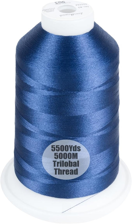 Simthread Trilobal Polyester Thread – 5000M (5500yds) No.40 – Super Sheen, Tangle-Free – Built-in Thread Lock Spool – Compatible with Brother, Singer, Janome & More, Navy Blue-903