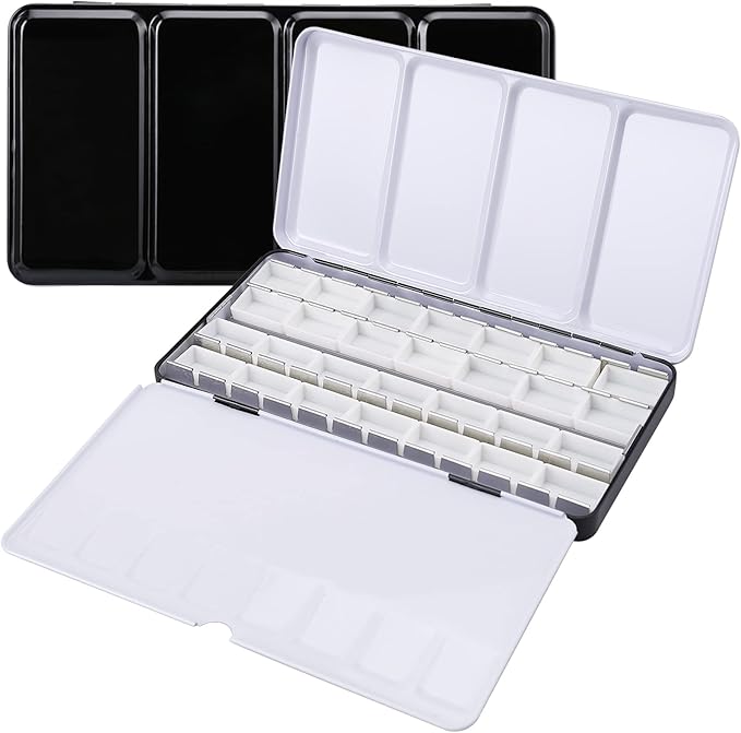 LOONENG Metal Watercolor Tin with Fold-Out Palette, Large Tray Palette with 28 Empty Full Pans for Plein Air, Acrylic and Oil Painting