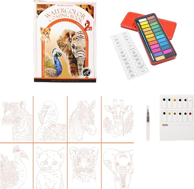 RGBMIX Watercolor Coloring Book for Adults Stress Relief Foldable Painting Pad with 24-Color Paint (Animals)