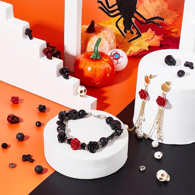 arricraft 203 Pcs Halloween Skull Gemstone Beads Kits, Natural Lava Rock Synthetic Turquoise Cross Bead Flower Rose Bead Tibetan Style Beads for Jewelry Making Bracelets Necklaces DIY Crafts