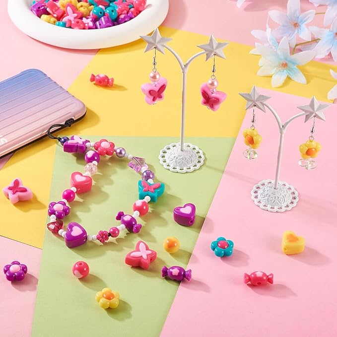 FASHEWELRY 75Pcs Acrylic Heart Flower Butterfly Beads Assorted Pastel Pony Beads Candy Colors Spacer Loose Beads for Jewelry Making Key Chains Bracelet Necklace