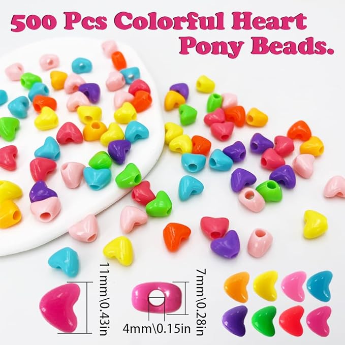MIIIM 500 Pcs Colorful Heart Pony Beads Shapes for Friendship Bracelet, Large Hole Kandi Beads for Hair Braids, Jewelry Making (Multi-Colored)