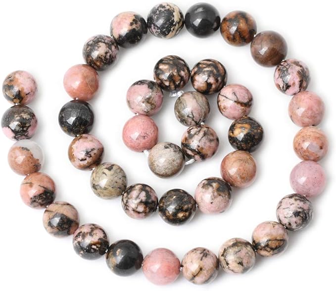 cheavian 35pcs 10mm natural black line rhodochrosite gemstone smooth round loose beads for jewelry making 1 strand 15"