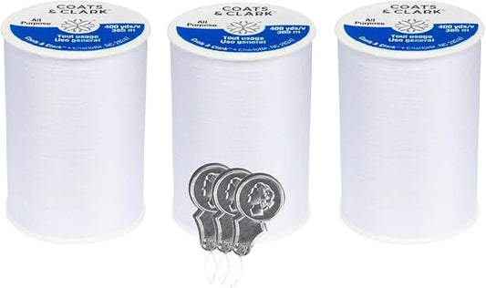 Coats & Clark Dual Duty All Purpose Sewing Thread 230A 400 Yards Each Spool 3 Pack Bundle with Bella's Crafts Needle Threaders (White)