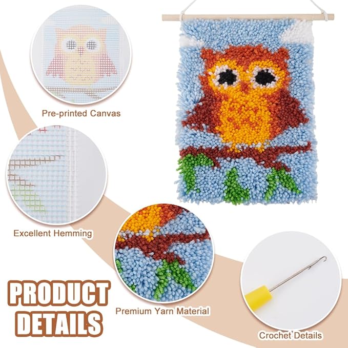 FREEBLOSS Latch Hook Rug Kit Owl Pattern Latch Hook Tapestry Kit for Adults Beginners Yarn Rug Hooking Kits Creative Craft for Learning Rug Making