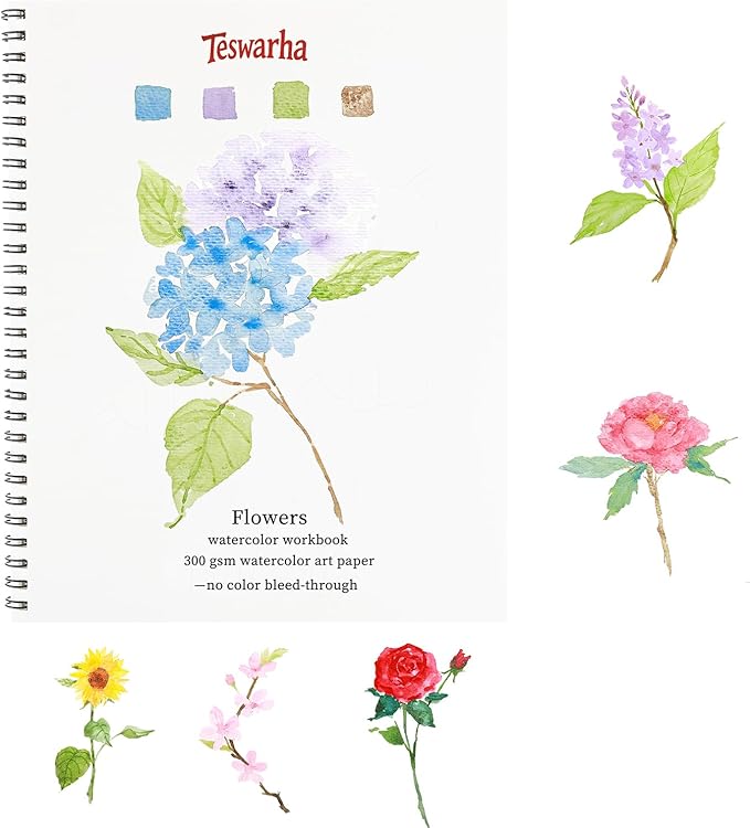 Teswarha Watercolor Workbook Using Thick Real Cotton Watercolor Paper for Adults Teens Spiral Bound 300GSM Art Paper 12 Sheets Flowers 8.2 x 9.8in