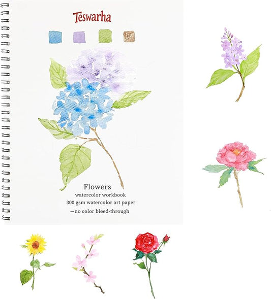 Teswarha Watercolor Workbook Using Thick Real Cotton Watercolor Paper for Adults Teens Spiral Bound 300GSM Art Paper 12 Sheets Flowers 8.2 x 9.8in