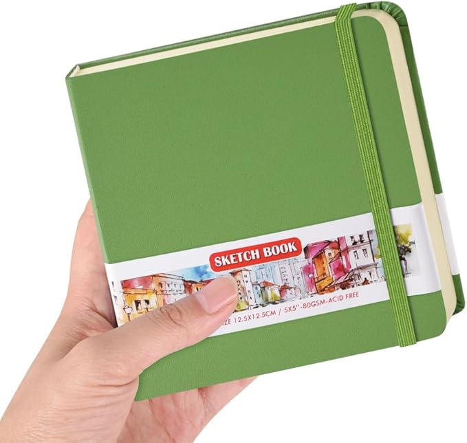 E-WEICHEN Square 5x5 inches 80gsm 96sheets/192 Pages Notebooks Blank Sketchbooks Travel Journal Pocket Hardcover Paint Writing Diary Memo Planner PU Leather Cover. Green