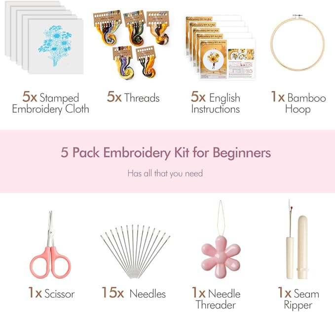5 pack embroidery kit for beginners adults diy starter kit,sunflower gifts for women cross stitch kits with flower stamped patterns, embroidery hoop, tools,colorful threads,hand craft lover gift